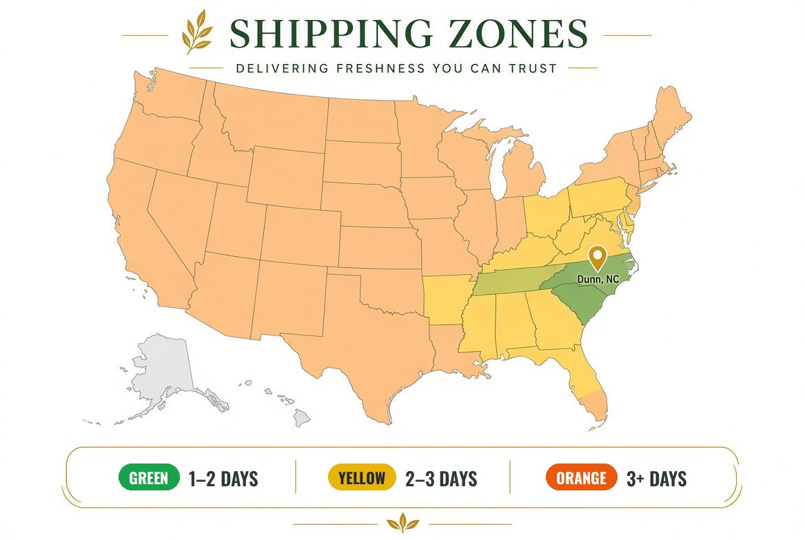 Carolina Crickets shipping zones map from Dunn, NC: Green 1–2 days, Yellow 2–3 days, Orange 3+ days